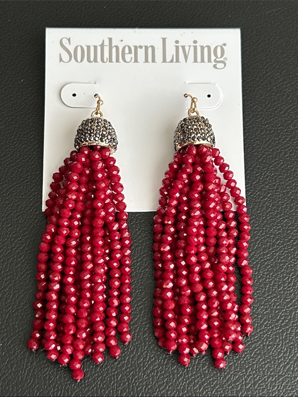 Southern Living Ruby Red Beaded Tassel Earrings with Gunmetal Caps